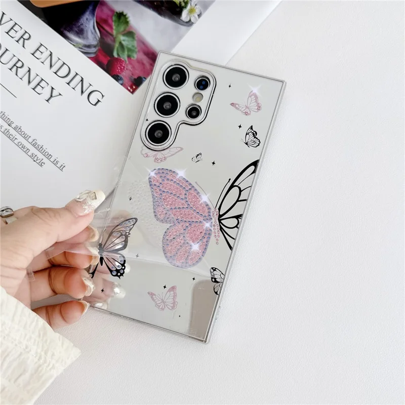 For Samsung Galaxy S24 Ultra Case IMD Silver Finish TPU+PC Rhinestones Decor Phone Cover with Bracelet Chain - Butterflies