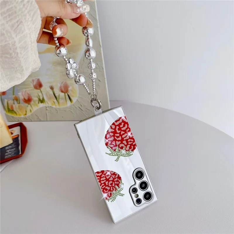 For Samsung Galaxy S24 Ultra Case IMD Silver Finish TPU+PC Rhinestones Decor Phone Cover with Bracelet Chain - Butterflies
