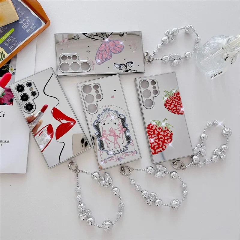 For Samsung Galaxy S24 Ultra Case IMD Silver Finish TPU+PC Rhinestones Decor Phone Cover with Bracelet Chain - Butterflies