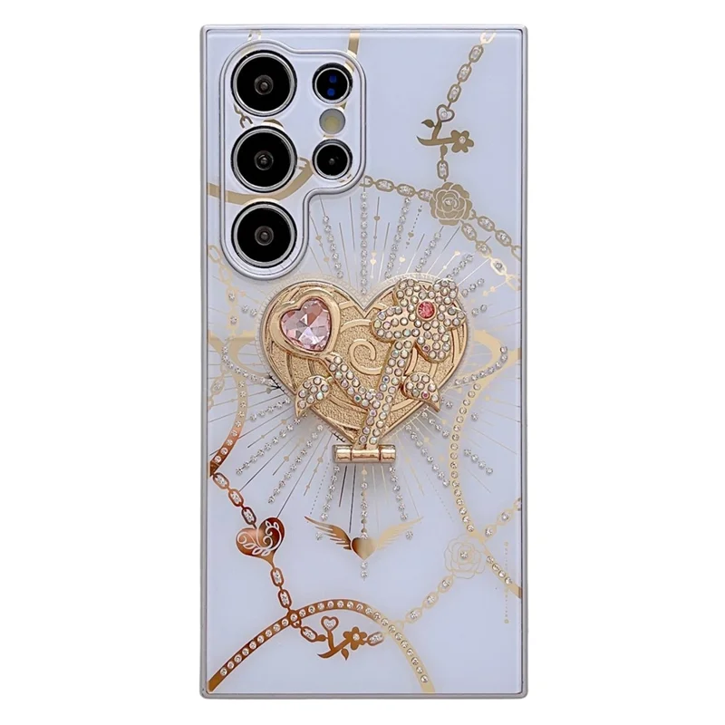 For Samsung Galaxy S24 Ultra Case Kickstand TPU+PC Rhinestones Decor Phone Cover - White