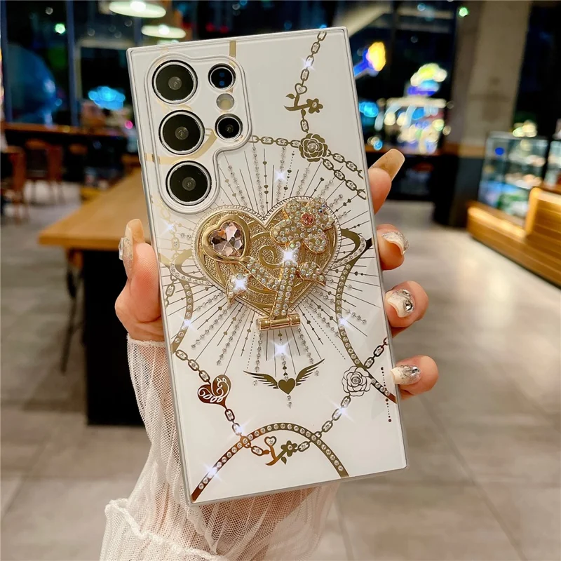 For Samsung Galaxy S24 Ultra Case Kickstand TPU+PC Rhinestones Decor Phone Cover - White