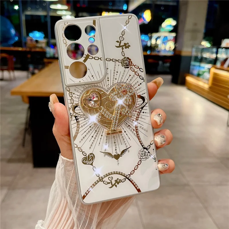 For Samsung Galaxy S24 Ultra Case Kickstand TPU+PC Rhinestones Decor Phone Cover - White