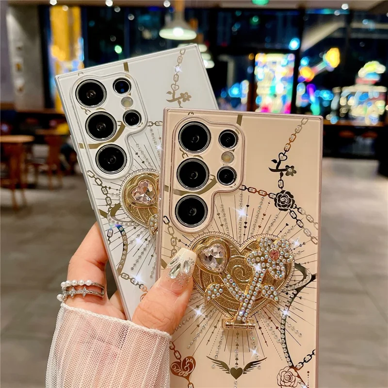 For Samsung Galaxy S24 Ultra Case Kickstand TPU+PC Rhinestones Decor Phone Cover - White