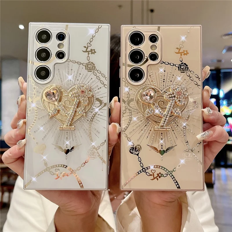 For Samsung Galaxy S24 Ultra Case Kickstand TPU+PC Rhinestones Decor Phone Cover - White