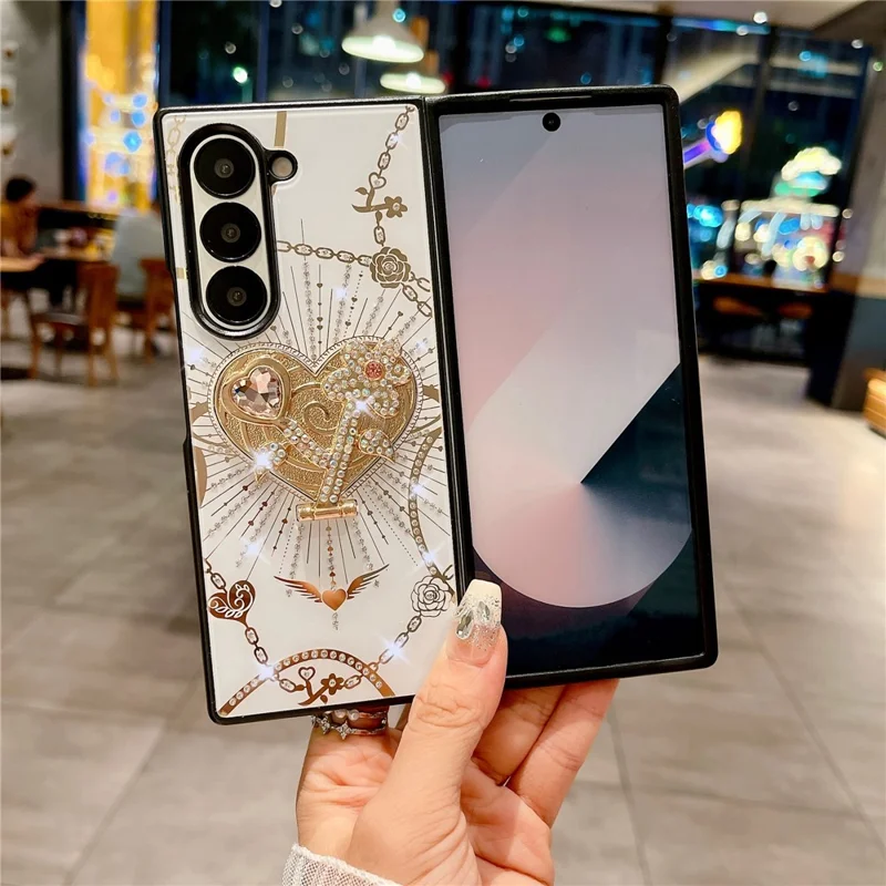 Capa para Samsung Galaxy Z Fold6 5G com suporte, decoração de strass em TPU+PC - Branca