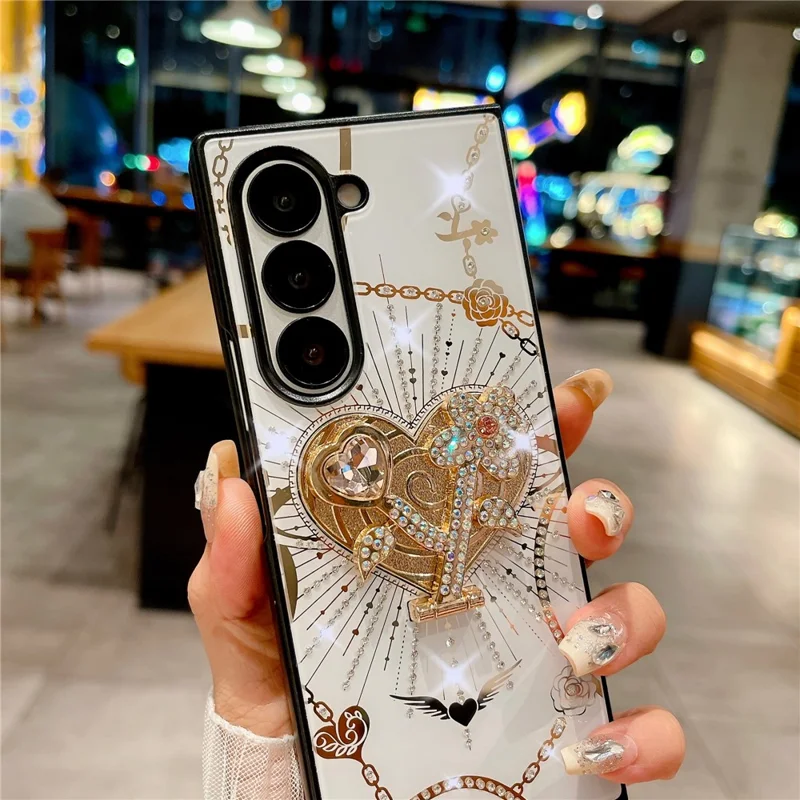 Capa para Samsung Galaxy Z Fold6 5G com suporte, decoração de strass em TPU+PC - Branca