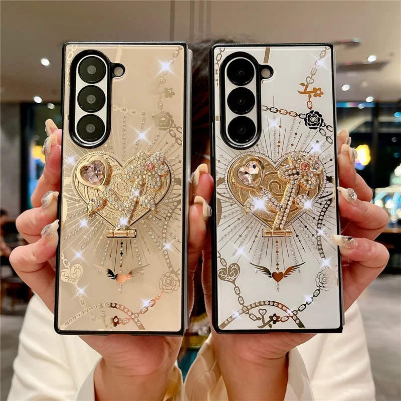 Capa para Samsung Galaxy Z Fold6 5G com suporte, decoração de strass em TPU+PC - Branca