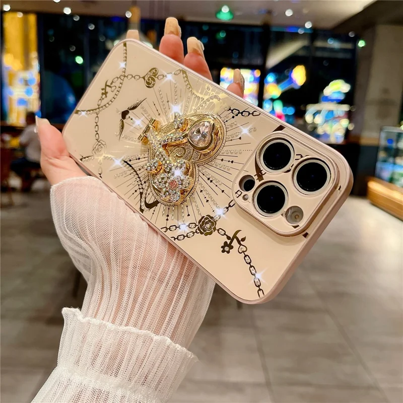 For iPhone 16 Pro Max Case Kickstand TPU+PC Rhinestones Decor Phone Cover - Rose Gold