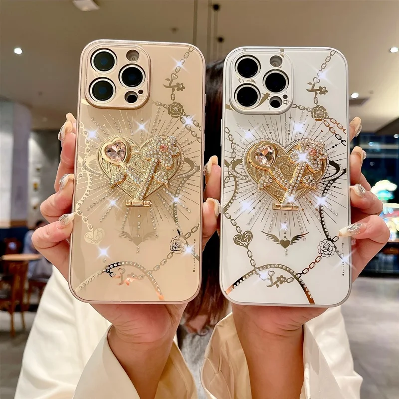 For iPhone 16 Pro Max Case Kickstand TPU+PC Rhinestones Decor Phone Cover - Rose Gold