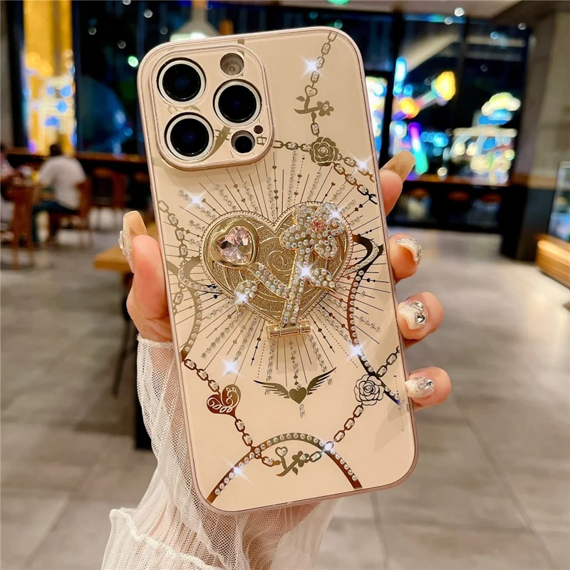 For iPhone 16 Pro Case Kickstand TPU+PC Rhinestones Decor Phone Cover - Rose Gold
