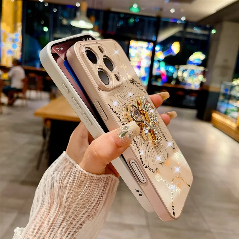 For iPhone 16 Pro Case Kickstand TPU+PC Rhinestones Decor Phone Cover - Rose Gold