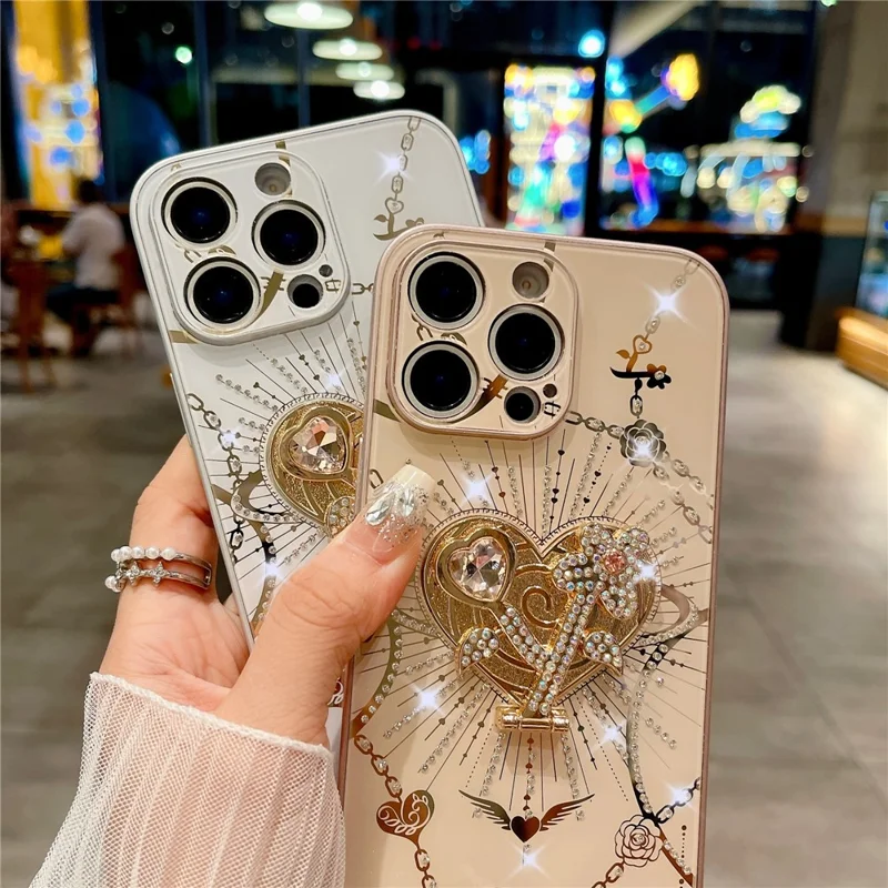 For iPhone 16 Pro Case Kickstand TPU+PC Rhinestones Decor Phone Cover - Rose Gold