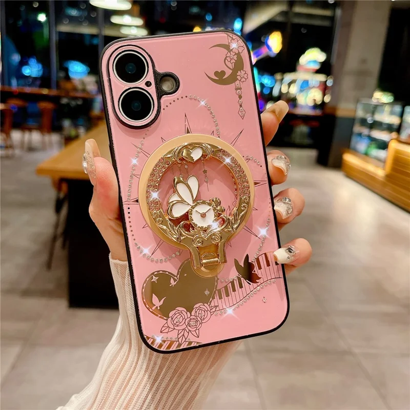 For iPhone 16 Magnetic Case Kickstand TPU+PC Rhinestones Decor Phone Cover - Pink