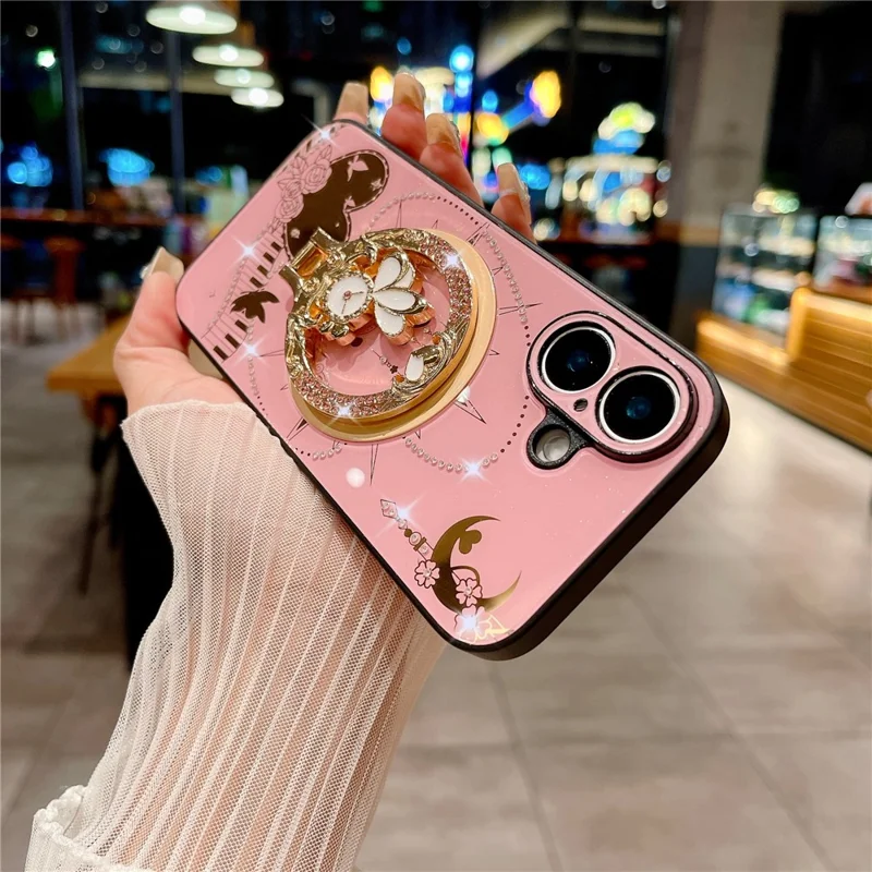 For iPhone 16 Magnetic Case Kickstand TPU+PC Rhinestones Decor Phone Cover - Pink