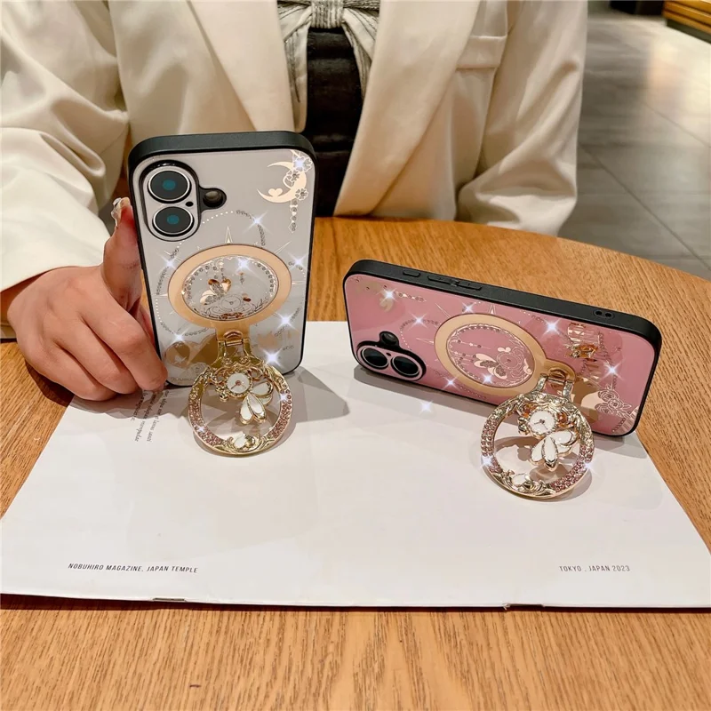 For iPhone 16 Magnetic Case Kickstand TPU+PC Rhinestones Decor Phone Cover - Pink