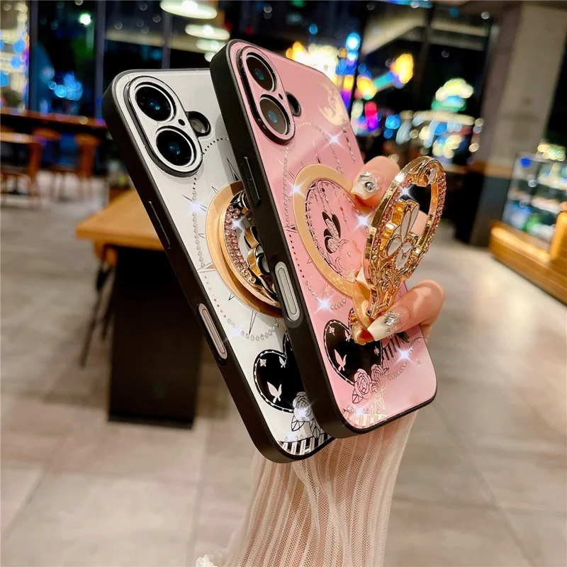 For iPhone 16 Magnetic Case Kickstand TPU+PC Rhinestones Decor Phone Cover - Pink