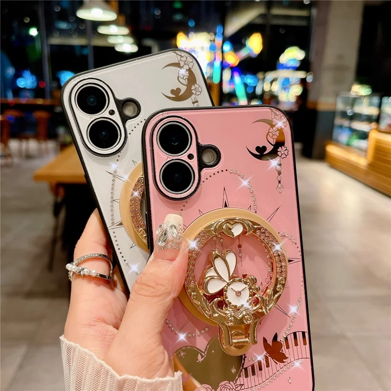 For iPhone 16 Magnetic Case Kickstand TPU+PC Rhinestones Decor Phone Cover - Pink