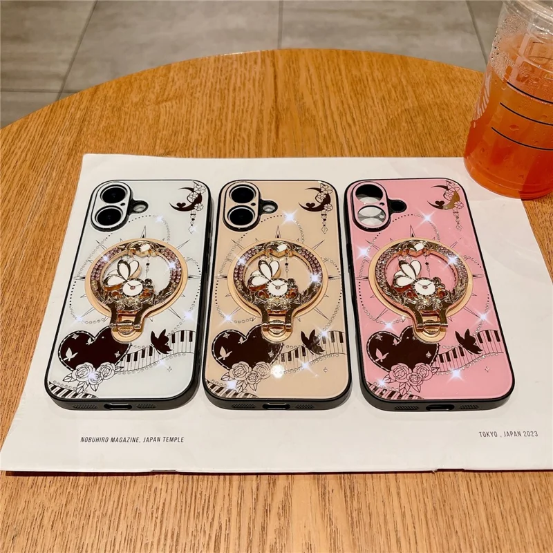 For iPhone 16 Magnetic Case Kickstand TPU+PC Rhinestones Decor Phone Cover - Pink