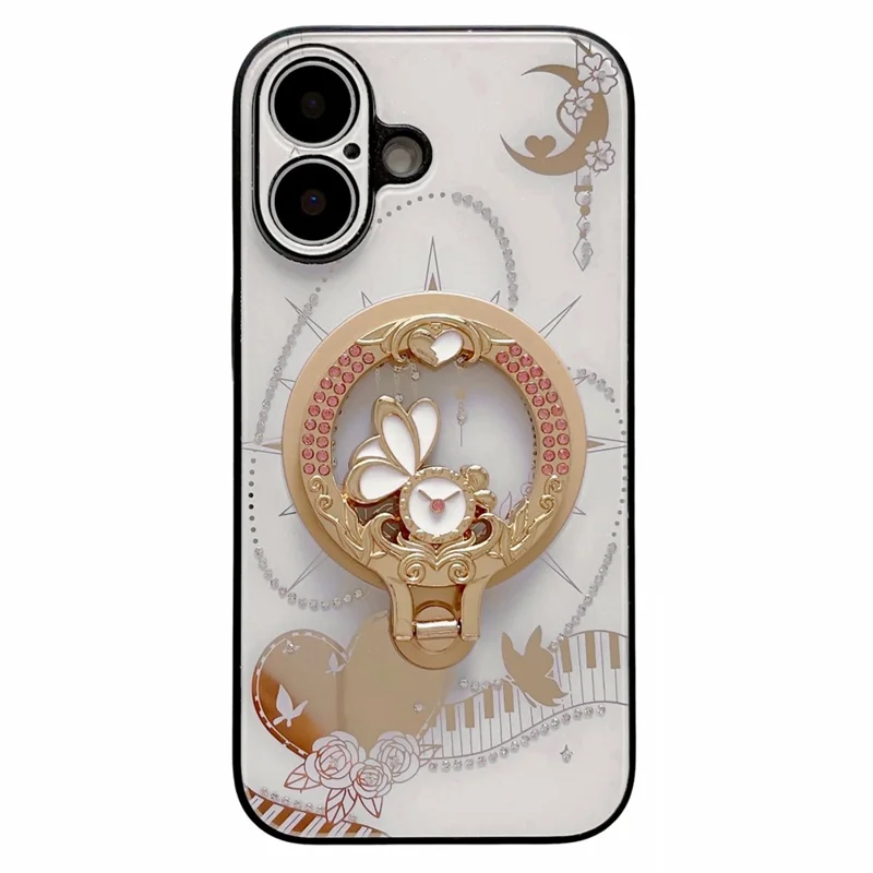 For iPhone 16 Plus Magnetic Case Kickstand TPU+PC Rhinestones Decor Phone Cover - White