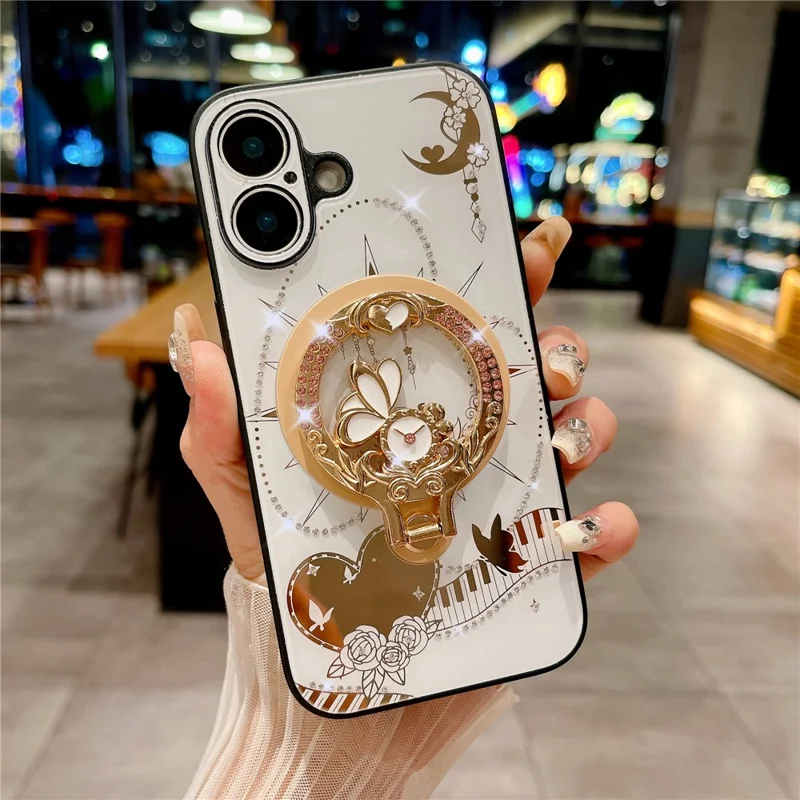 For iPhone 16 Plus Magnetic Case Kickstand TPU+PC Rhinestones Decor Phone Cover - White