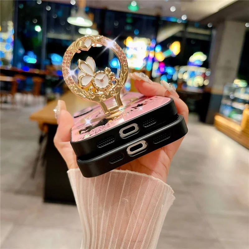 For iPhone 16 Plus Magnetic Case Kickstand TPU+PC Rhinestones Decor Phone Cover - White