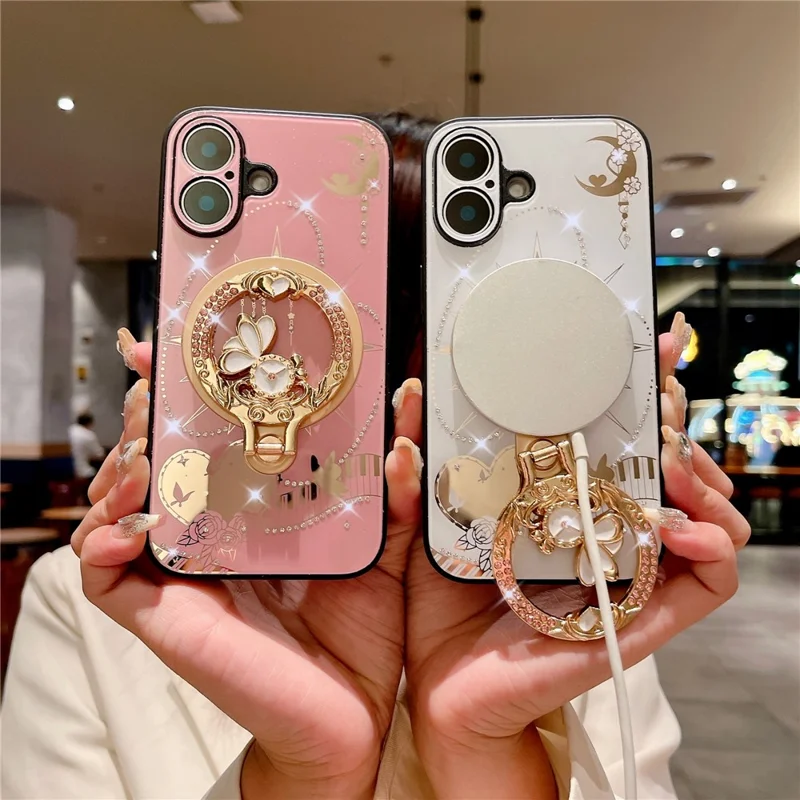 For iPhone 16 Plus Magnetic Case Kickstand TPU+PC Rhinestones Decor Phone Cover - White