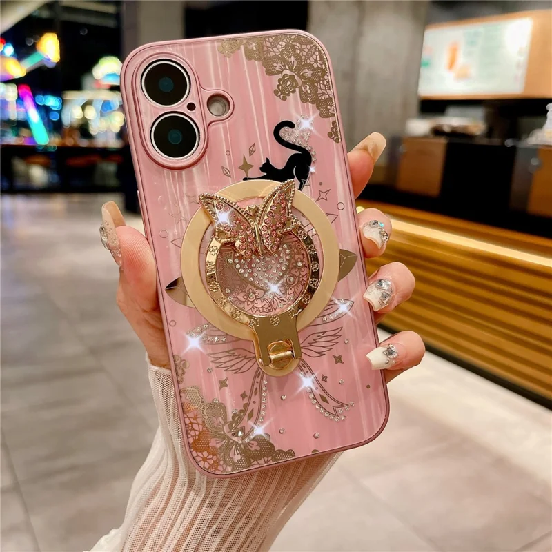 For iPhone 16 Plus Magnetic Case Rhinestones Decor Kickstand Cat Pattern TPU+PC Phone Cover - Pink