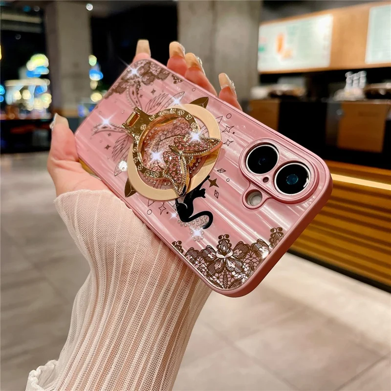 For iPhone 16 Plus Magnetic Case Rhinestones Decor Kickstand Cat Pattern TPU+PC Phone Cover - Pink