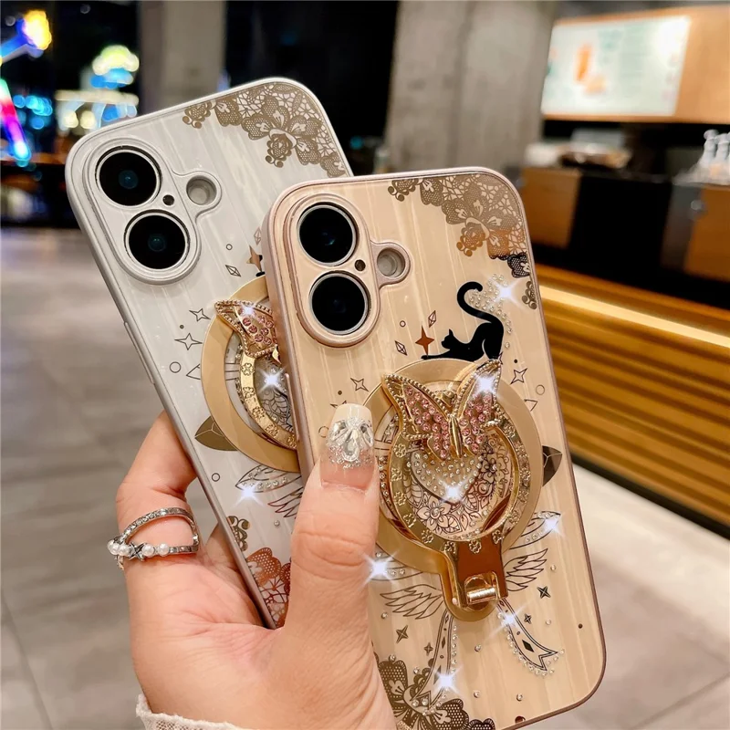 For iPhone 16 Plus Magnetic Case Rhinestones Decor Kickstand Cat Pattern TPU+PC Phone Cover - Pink