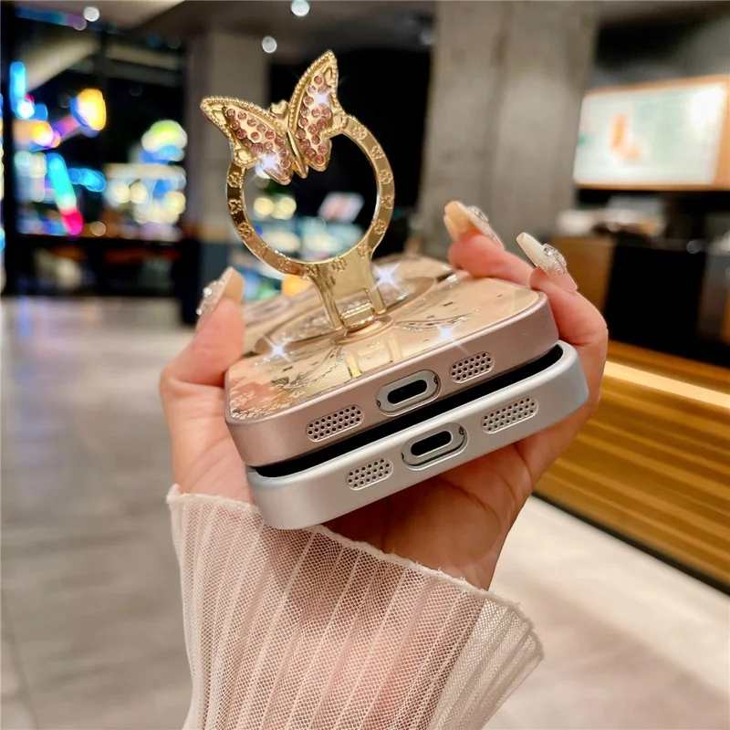 For iPhone 16 Plus Magnetic Case Rhinestones Decor Kickstand Cat Pattern TPU+PC Phone Cover - Pink