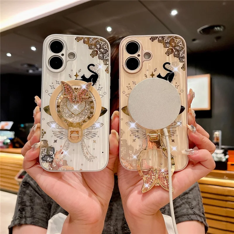 For iPhone 16 Plus Magnetic Case Rhinestones Decor Kickstand Cat Pattern TPU+PC Phone Cover - Pink