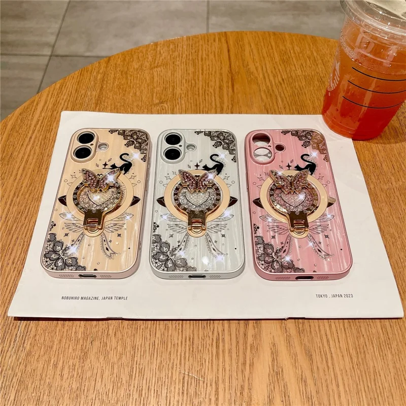For iPhone 16 Plus Magnetic Case Rhinestones Decor Kickstand Cat Pattern TPU+PC Phone Cover - Pink