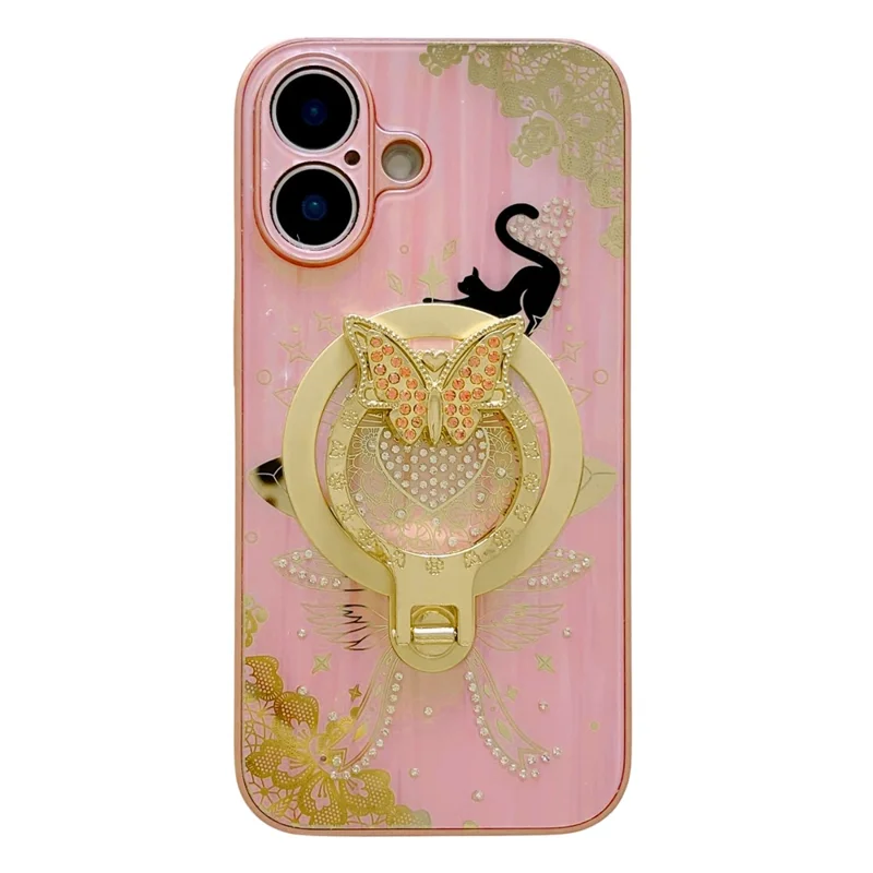 For iPhone 16 Magnetic Case Rhinestones Decor Kickstand Cat Pattern TPU+PC Phone Cover - Pink