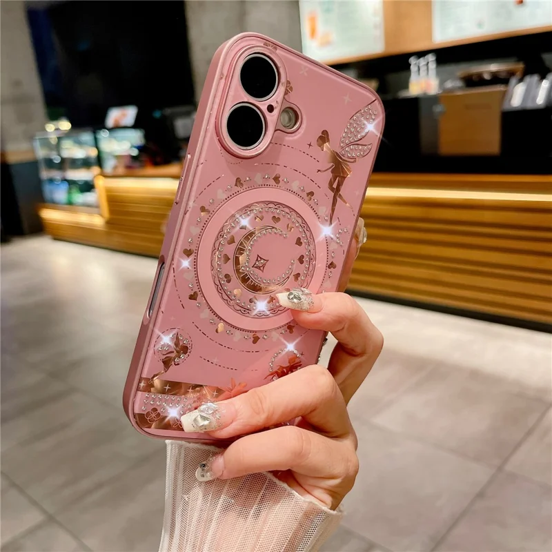 For iPhone 16 Plus Magnetic Case Star Moon Pattern Rhinestones Decor TPU+PC Phone Cover - Pink