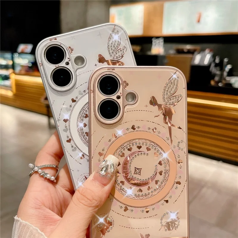 For iPhone 16 Plus Magnetic Case Star Moon Pattern Rhinestones Decor TPU+PC Phone Cover - Pink