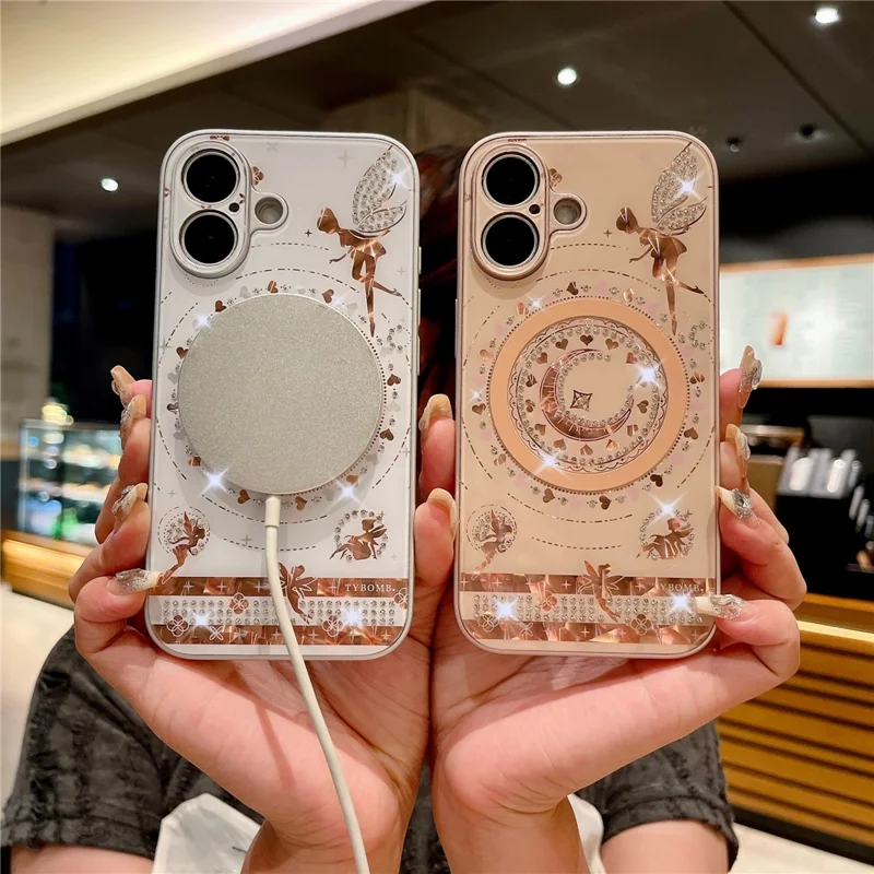 For iPhone 16 Plus Magnetic Case Star Moon Pattern Rhinestones Decor TPU+PC Phone Cover - Pink