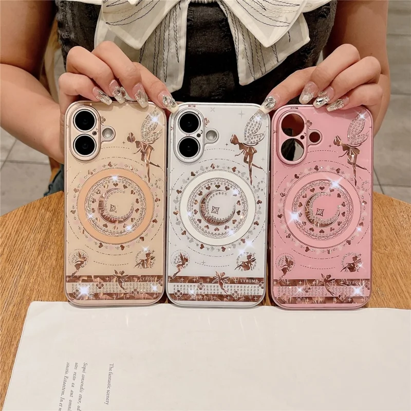 For iPhone 16 Plus Magnetic Case Star Moon Pattern Rhinestones Decor TPU+PC Phone Cover - Pink