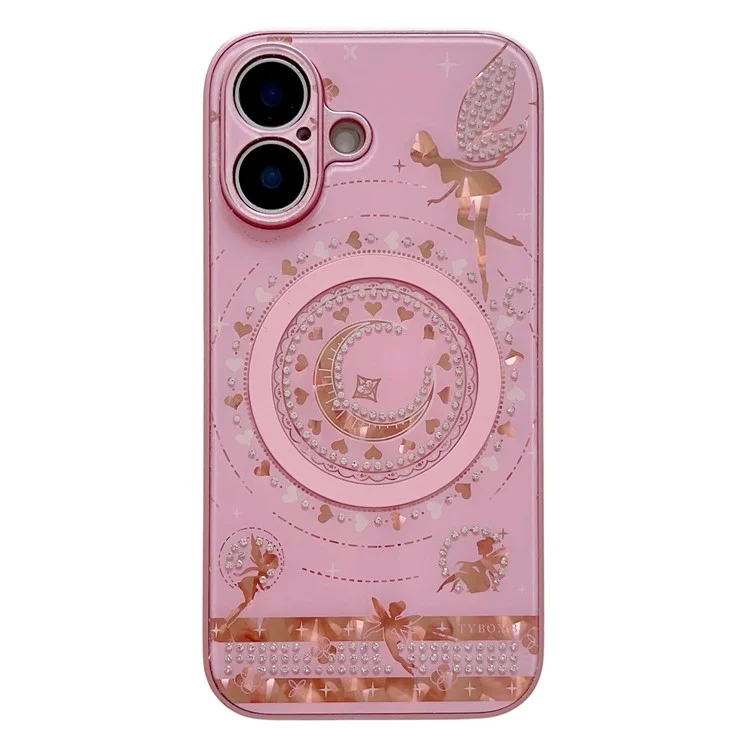 For iPhone 16 Magnetic Case Star Moon Pattern Rhinestones Decor TPU+PC Phone Cover - Pink