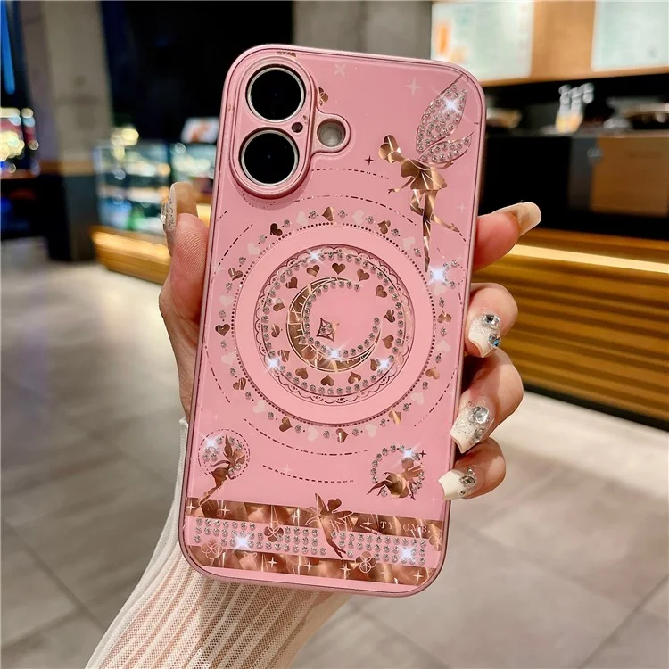 For iPhone 16 Magnetic Case Star Moon Pattern Rhinestones Decor TPU+PC Phone Cover - Pink