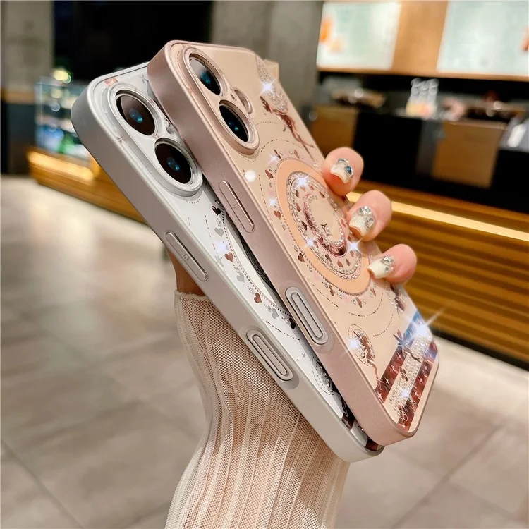 For iPhone 16 Magnetic Case Star Moon Pattern Rhinestones Decor TPU+PC Phone Cover - Pink