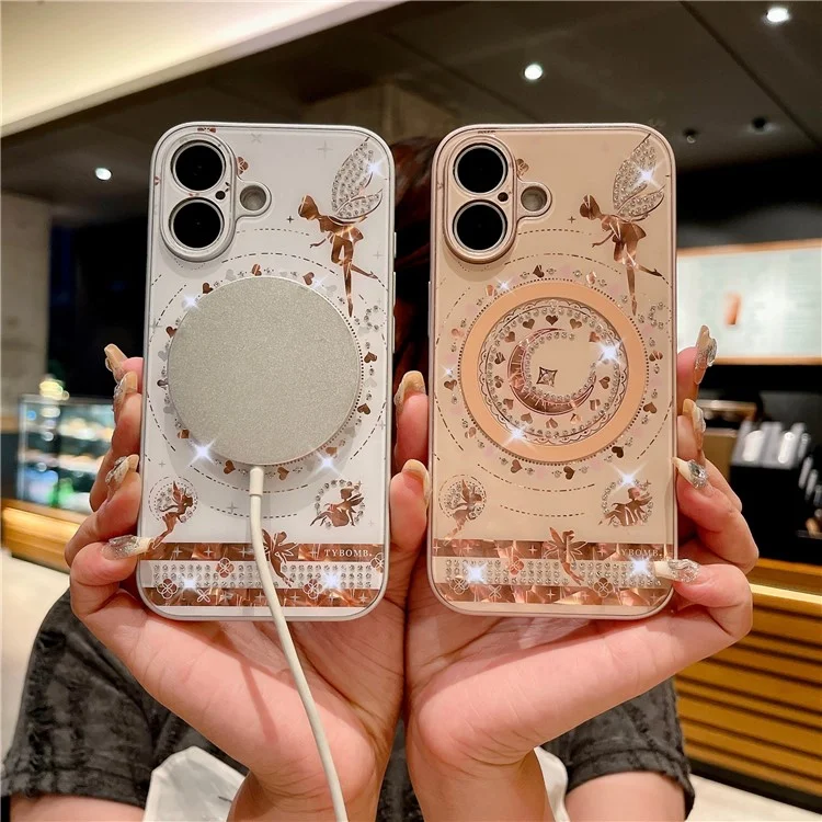 For iPhone 16 Magnetic Case Star Moon Pattern Rhinestones Decor TPU+PC Phone Cover - Pink