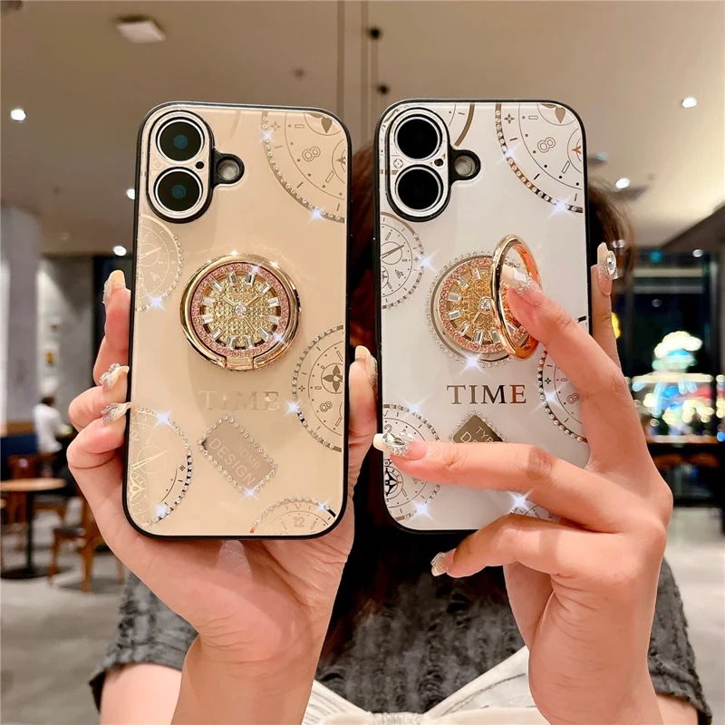 For iPhone 16 Case Clock Motifs TPU+PC Phone Cover with Rhinestones Decor Ring Kickstand - White