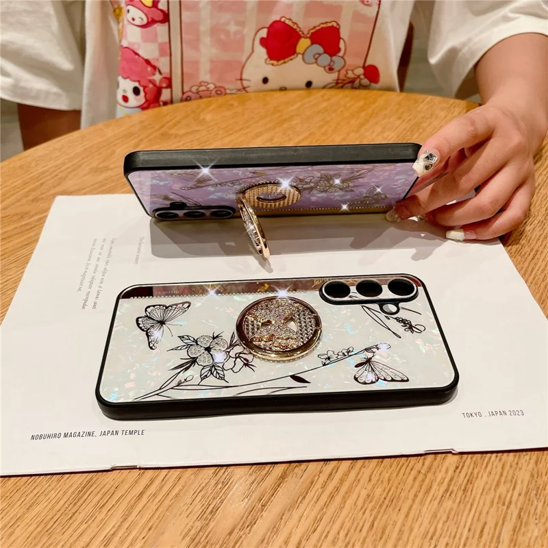 Pour Samsung Galaxy A55 5G Étui Rhinestones Decor Kickstand TPU+PC Butterfly Floral Phone Cover - Pourpre