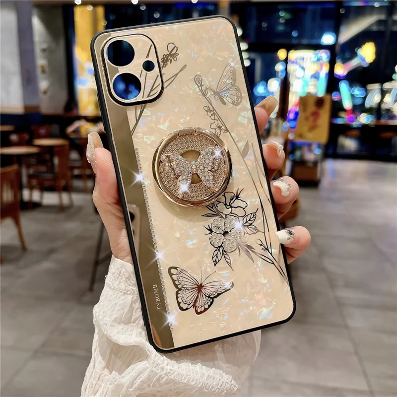 Pour Samsung Galaxy A06 Étui Strass Décor Support TPU+PC Papillon Floral Housse de Téléphone - Or