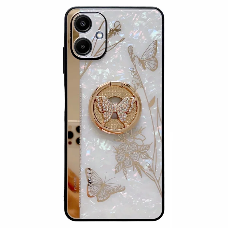 For Samsung Galaxy A06 4G Case Rhinestones Decor Kickstand TPU+PC Butterfly Floral Phone Cover - White