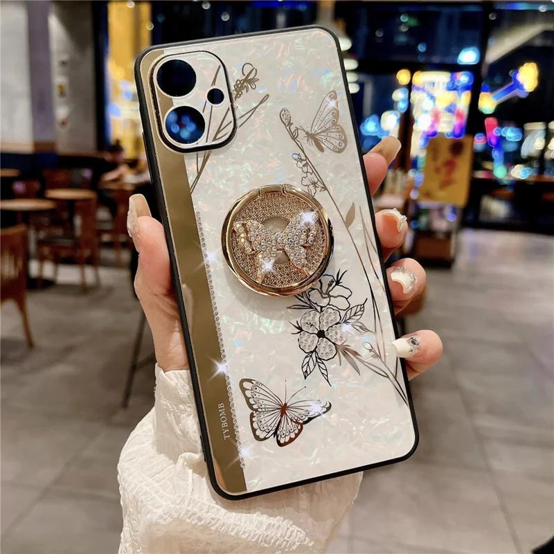 For Samsung Galaxy A06 4G Case Rhinestones Decor Kickstand TPU+PC Butterfly Floral Phone Cover - White