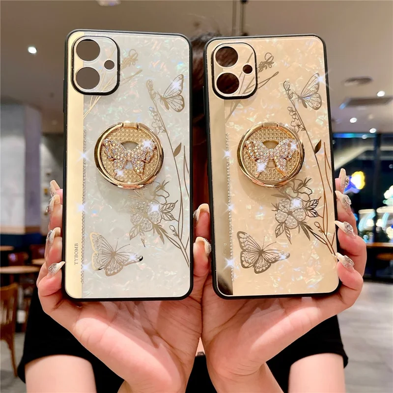 For Samsung Galaxy A06 4G Case Rhinestones Decor Kickstand TPU+PC Butterfly Floral Phone Cover - White