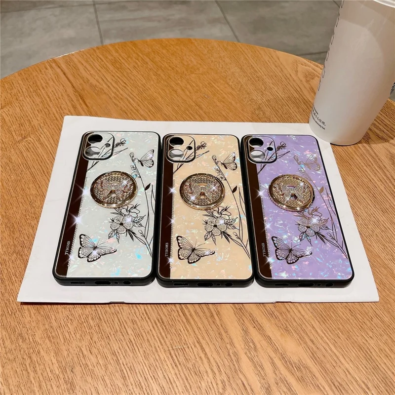 For Samsung Galaxy A06 4G Case Rhinestones Decor Kickstand TPU+PC Butterfly Floral Phone Cover - White