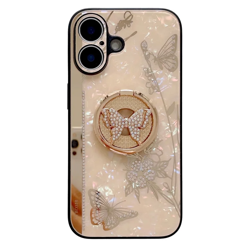For iPhone 16 Case Rhinestones Decor Kickstand TPU+PC Butterfly Floral Phone Cover - Gold