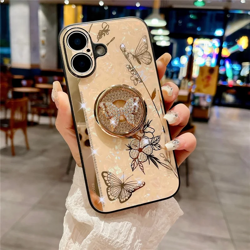 For iPhone 16 Case Rhinestones Decor Kickstand TPU+PC Butterfly Floral Phone Cover - Gold